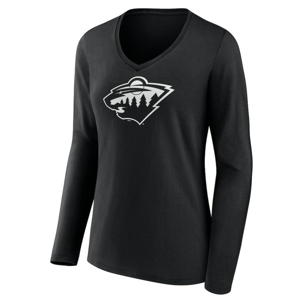 Minnesota Wild Women's Personalized Name & Number Monochrome Long Sleeve V-Neck T-Shirt - Black - NHL 201281503