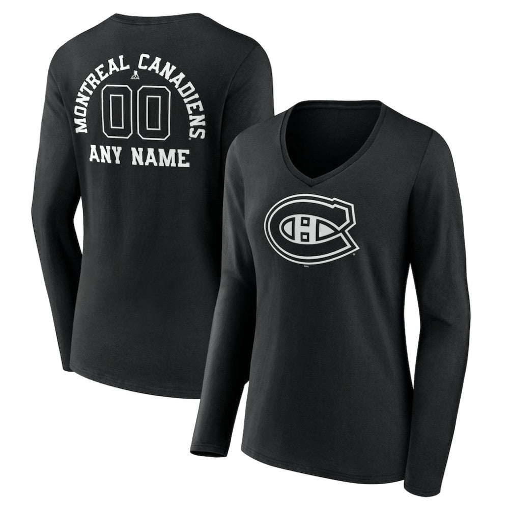 Montreal Canadiens Women's Personalized Name & Number Monochrome Long Sleeve V-Neck T-Shirt - Black - NHL 201281509