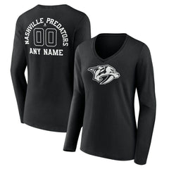 Nashville Predators Women's Personalized Name & Number Monochrome Long Sleeve V-Neck T-Shirt - Black - NHL 201281515