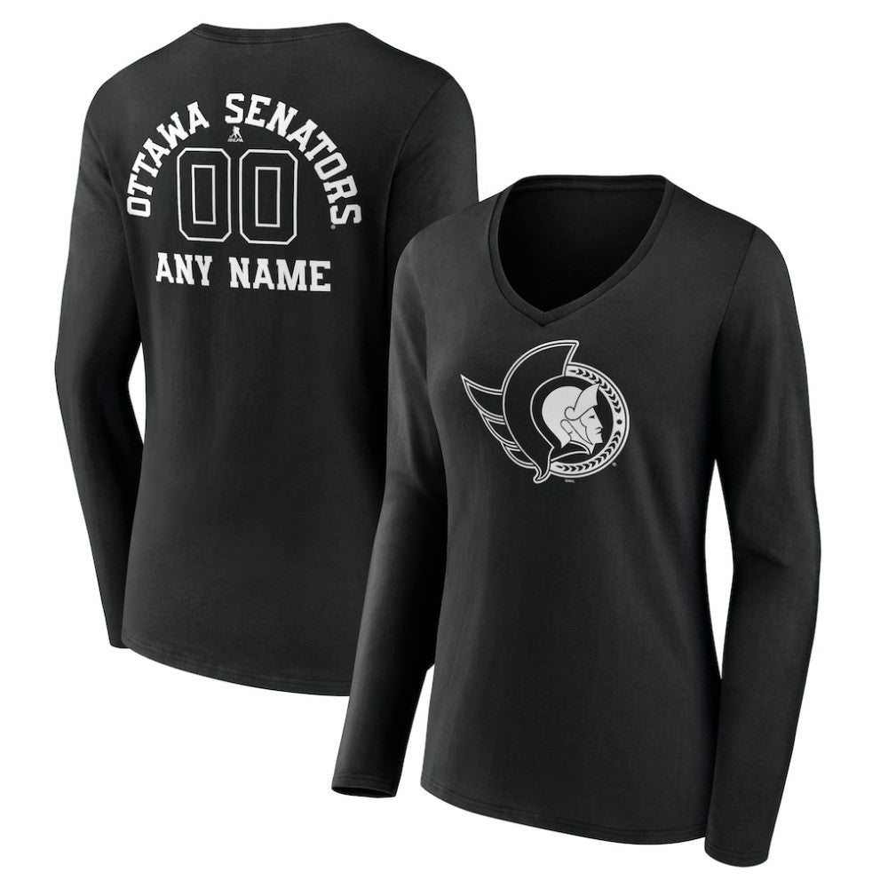 Ottawa Senators Women's Personalized Name & Number Monochrome Long Sleeve V-Neck T-Shirt - Black - NHL 201281539