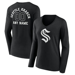 Seattle Kraken Women's Personalized Name & Number Monochrome Long Sleeve V-Neck T-Shirt - Black - NHL 201281563