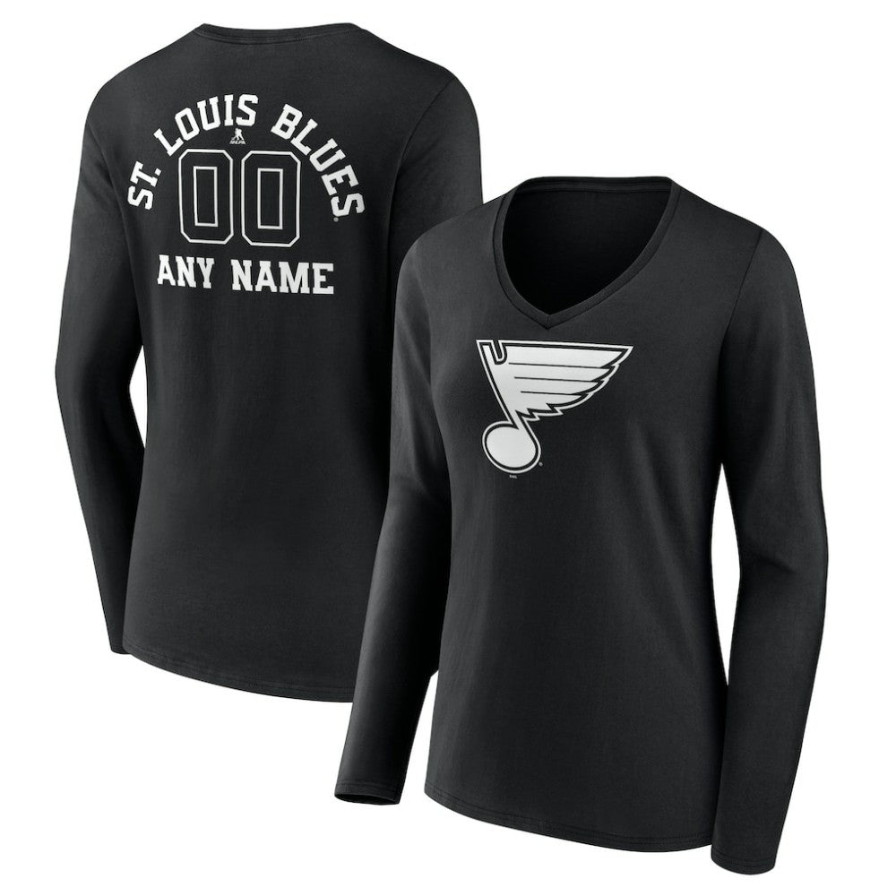 St. Louis Blues Women's Personalized Name & Number Monochrome Long Sleeve V-Neck T-Shirt - Black - NHL 201281569