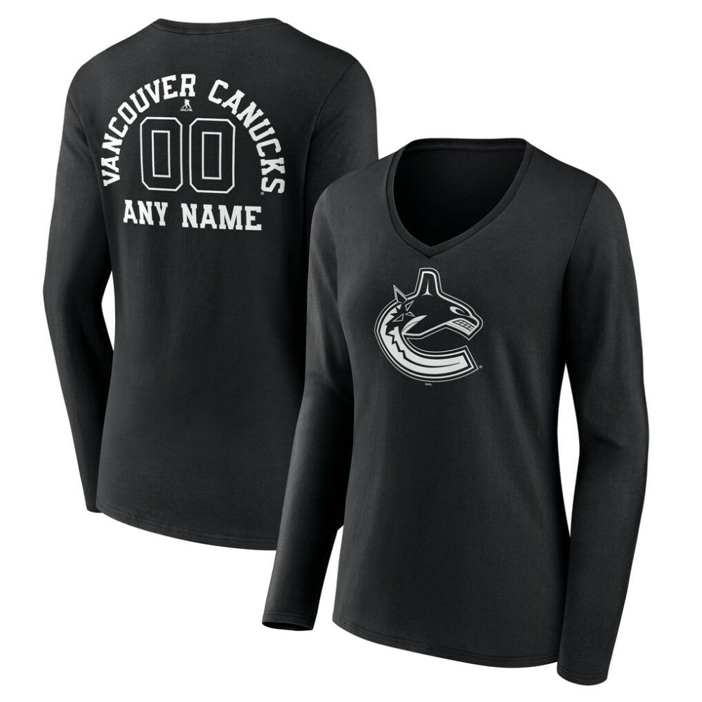 Vancouver Canucks Women's Personalized Name & Number Monochrome Long Sleeve V-Neck T-Shirt - Black - NHL 201281587