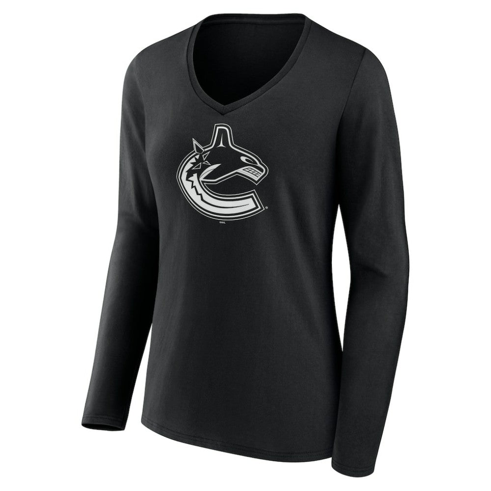 Vancouver Canucks Women's Personalized Name & Number Monochrome Long Sleeve V-Neck T-Shirt - Black - NHL 201281587
