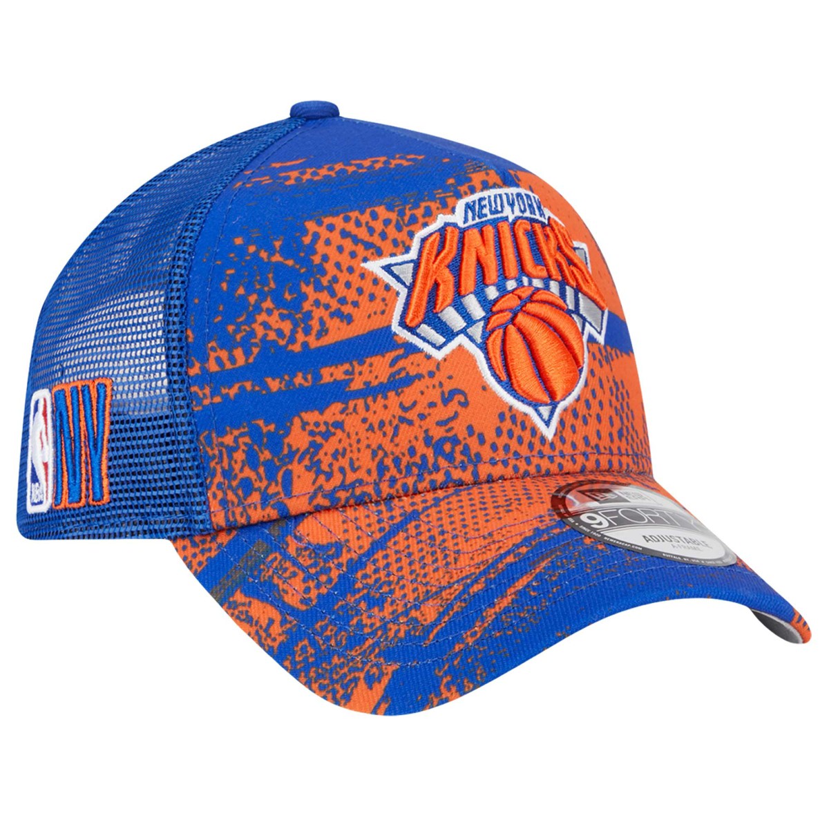 New York Knicks Tip Off A-Frame Trucker 9FORTY Adjustable Hat Blue/Orange | New Era