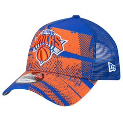 New York Knicks Tip Off A-Frame Trucker 9FORTY Adjustable Hat Blue/Orange | New Era