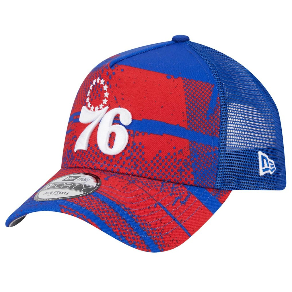 Philadelphia 76ers Tip Off A-Frame Trucker 9FORTY Adjustable Hat Royal/Red | New Era online