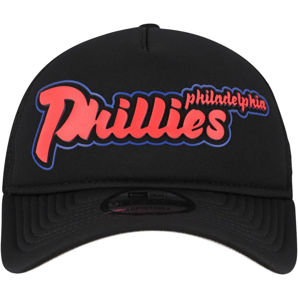 Philadelphia Phillies New Era Retro Bold A-Frame Trucker 9FORTY Adjustable Hat - Black - New Era Discount