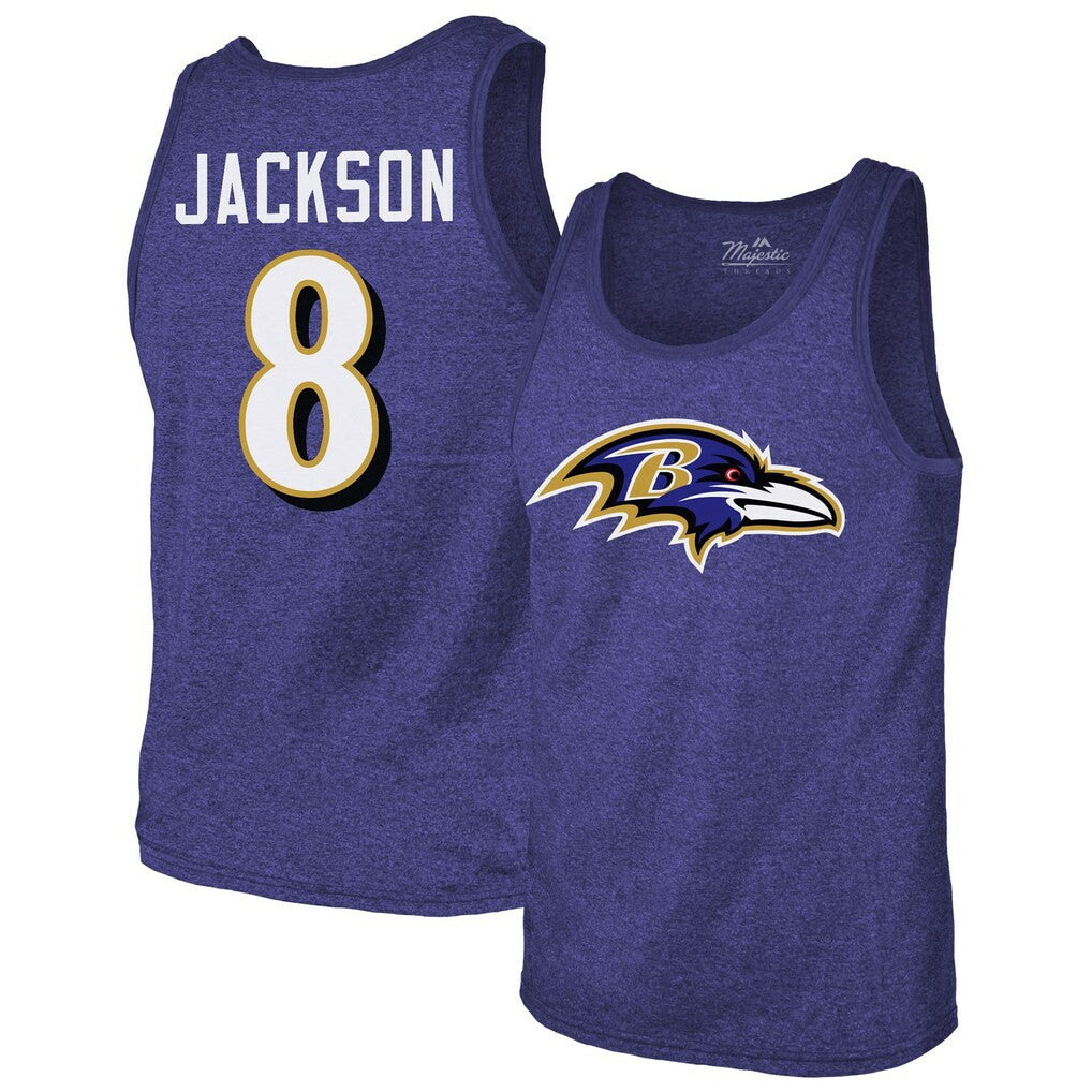 Lamar Jackson Baltimore Ravens Majestic Threads Tri-Blend Player Name & Number Tank Top Purple