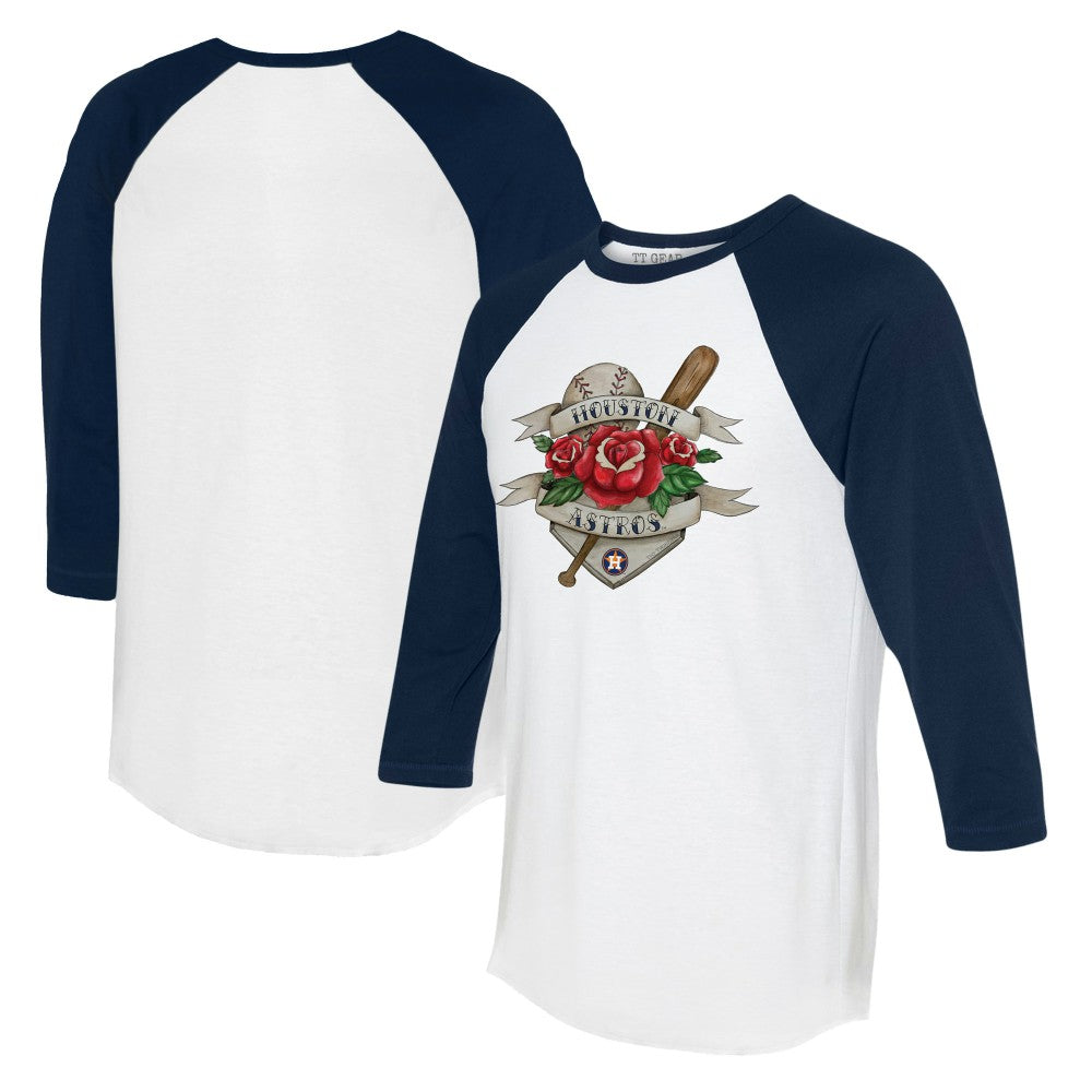 Houston Astros Tiny Turnip Unisex American Traditional Rose 3/4-Sleeve Raglan T-Shirt - White/Navy - MLB Sale