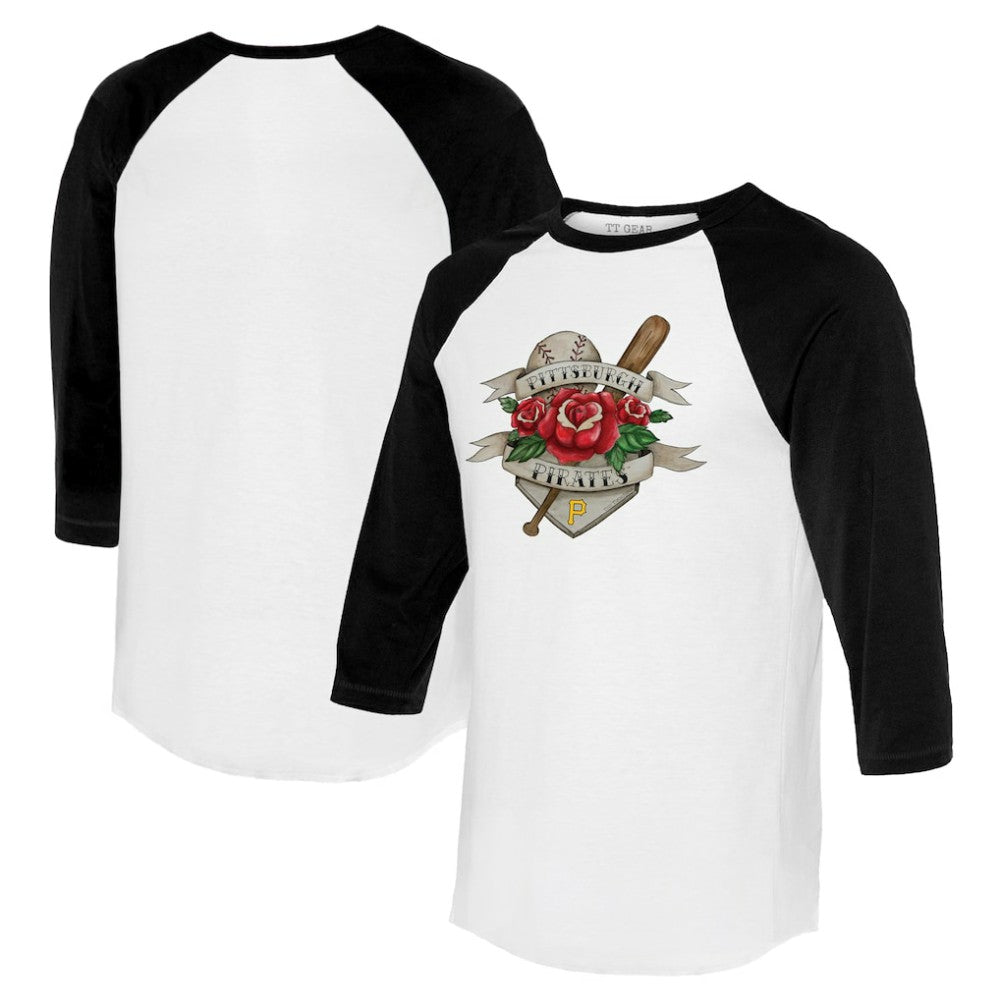 Pittsburgh Pirates Tiny Turnip Unisex American Traditional Rose 3/4-Sleeve Raglan T-Shirt - White/Black - MLB Online