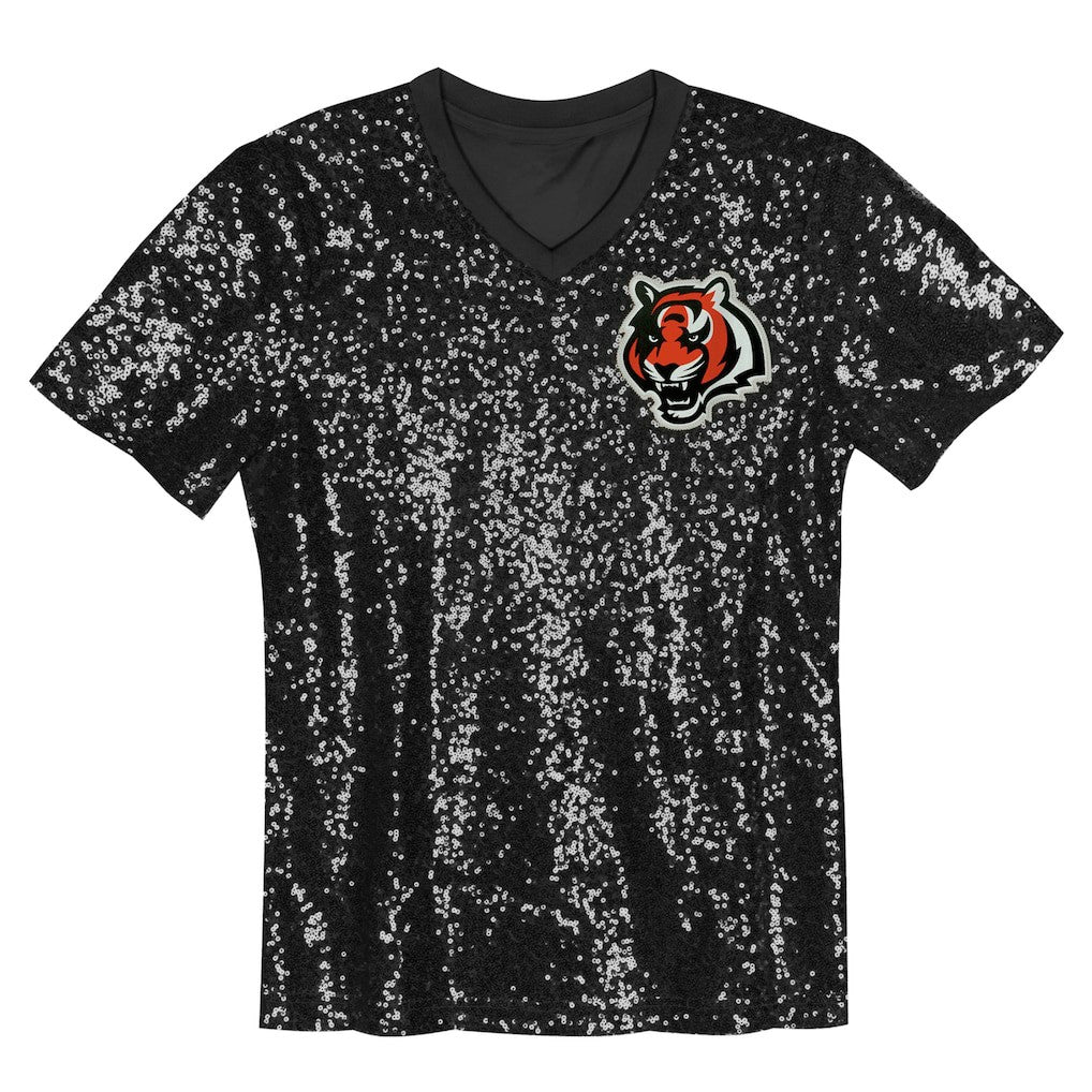 Cincinnati Bengals Girls Youth Wordmark Sequin V-Neck Top Black