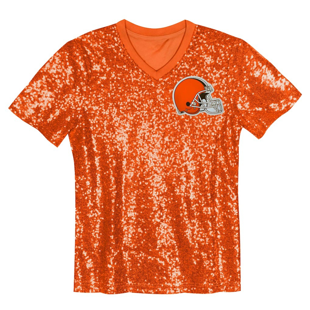 Cleveland Browns Girls Youth Wordmark Sequin V-Neck Top Orange