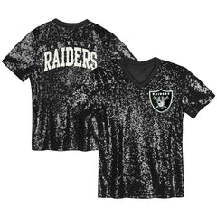 Las Vegas Raiders Girls Youth Wordmark Sequin V-Neck Top Black