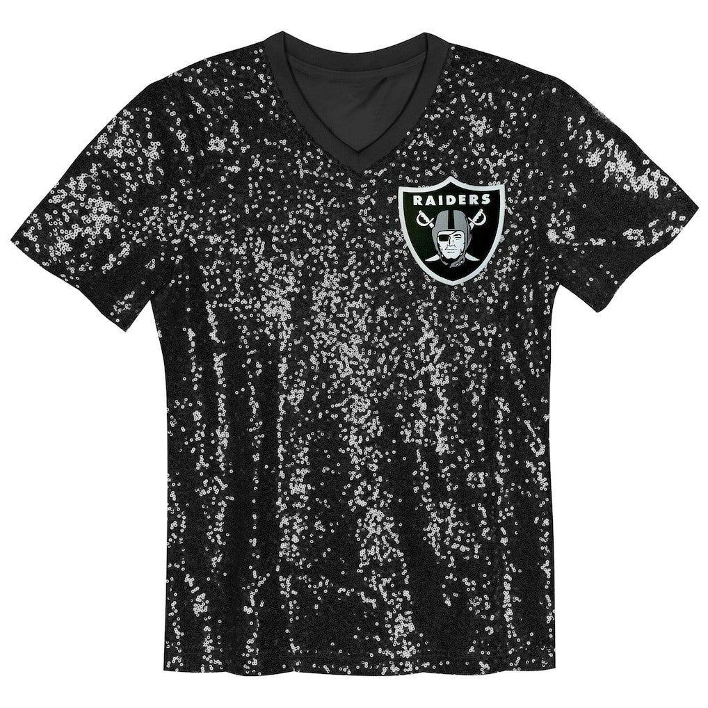 Las Vegas Raiders Girls Youth Wordmark Sequin V-Neck Top Black