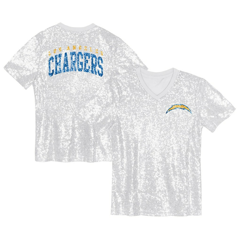 Los Angeles Chargers Girls Youth Wordmark Sequin V-Neck Top White
