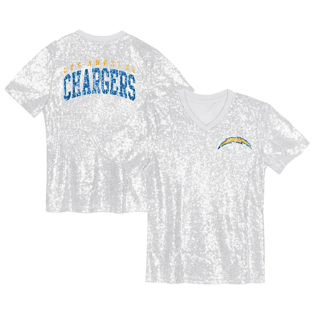 Los Angeles Chargers Girls Youth Wordmark Sequin V-Neck Top White