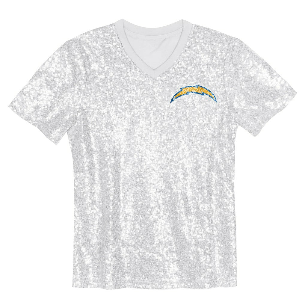 Los Angeles Chargers Girls Youth Wordmark Sequin V-Neck Top White
