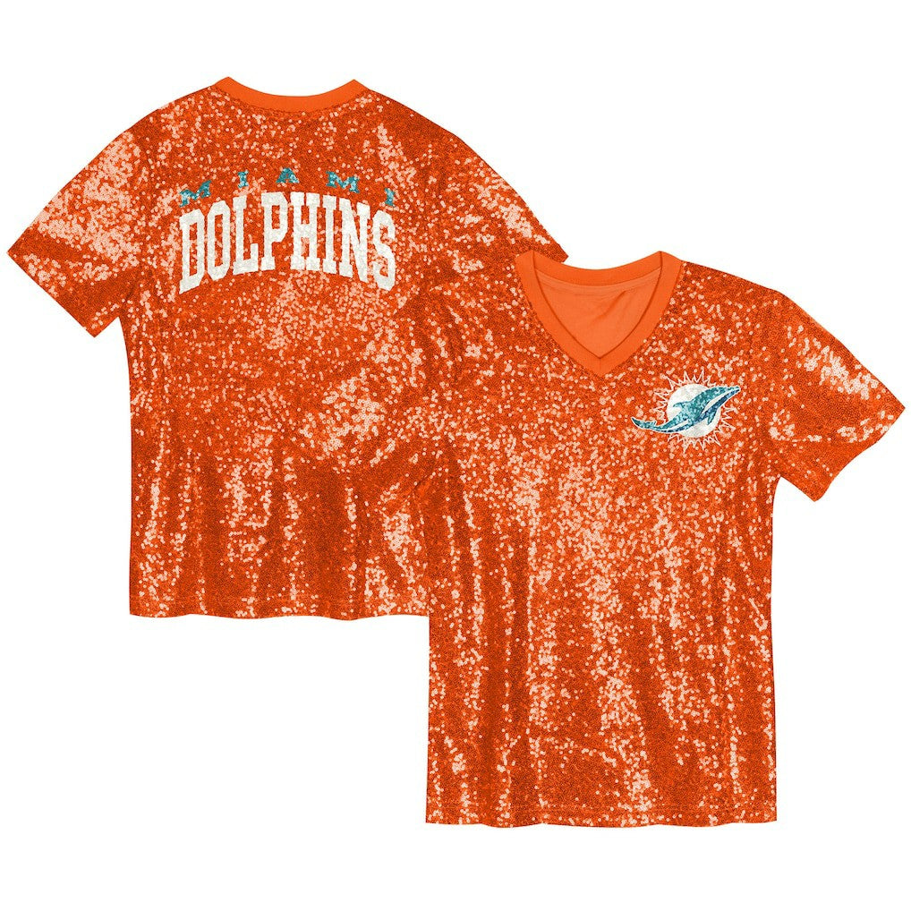 Miami Dolphins Girls Youth Wordmark Sequin V-Neck Top Orange