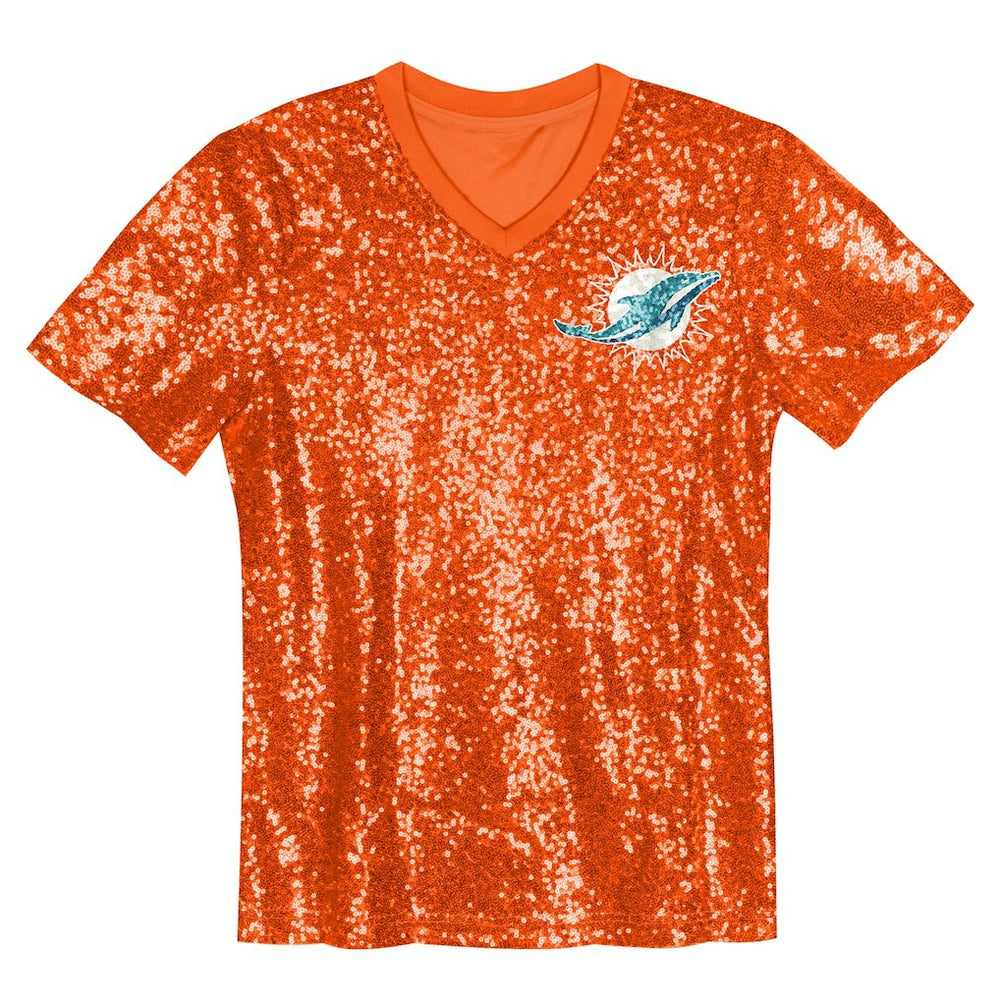 Miami Dolphins Girls Youth Wordmark Sequin V-Neck Top Orange