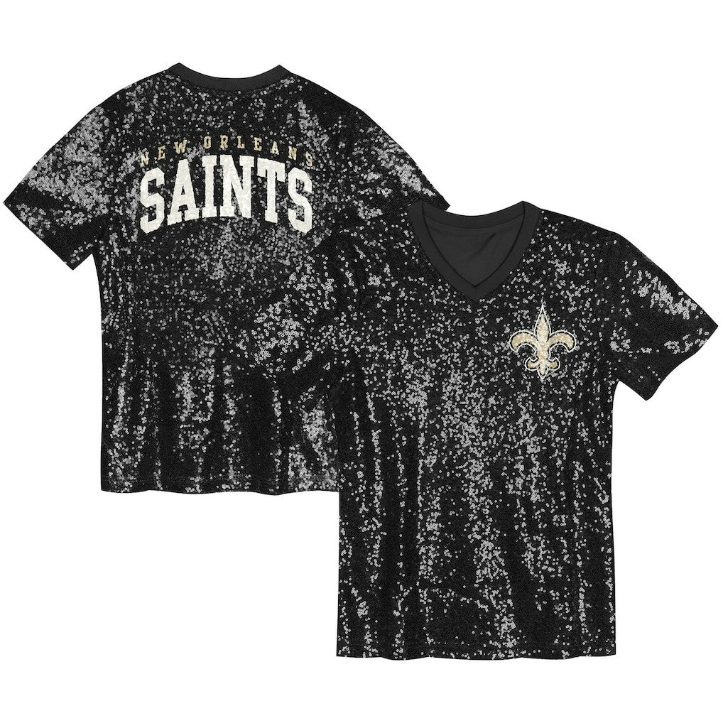 New Orleans Saints Girls Youth Wordmark Sequin V-Neck Top Black