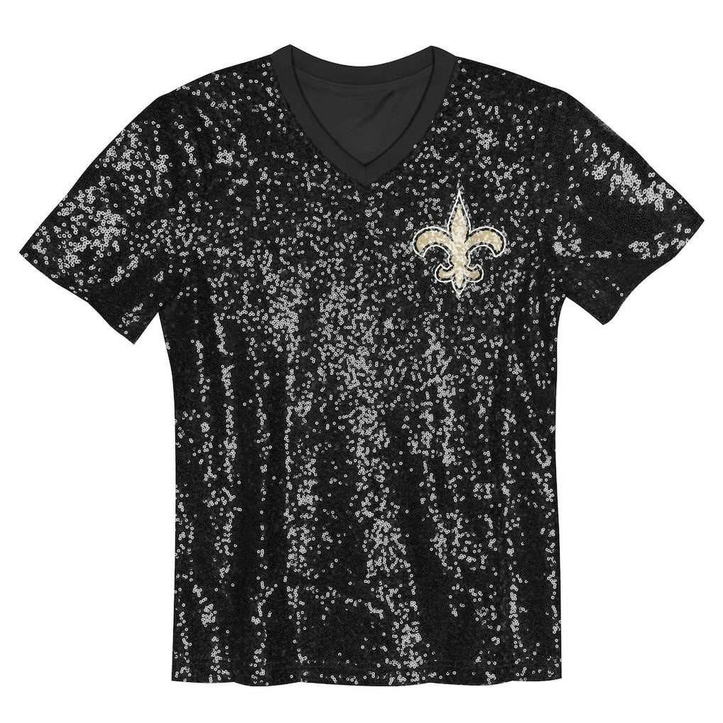 New Orleans Saints Girls Youth Wordmark Sequin V-Neck Top Black