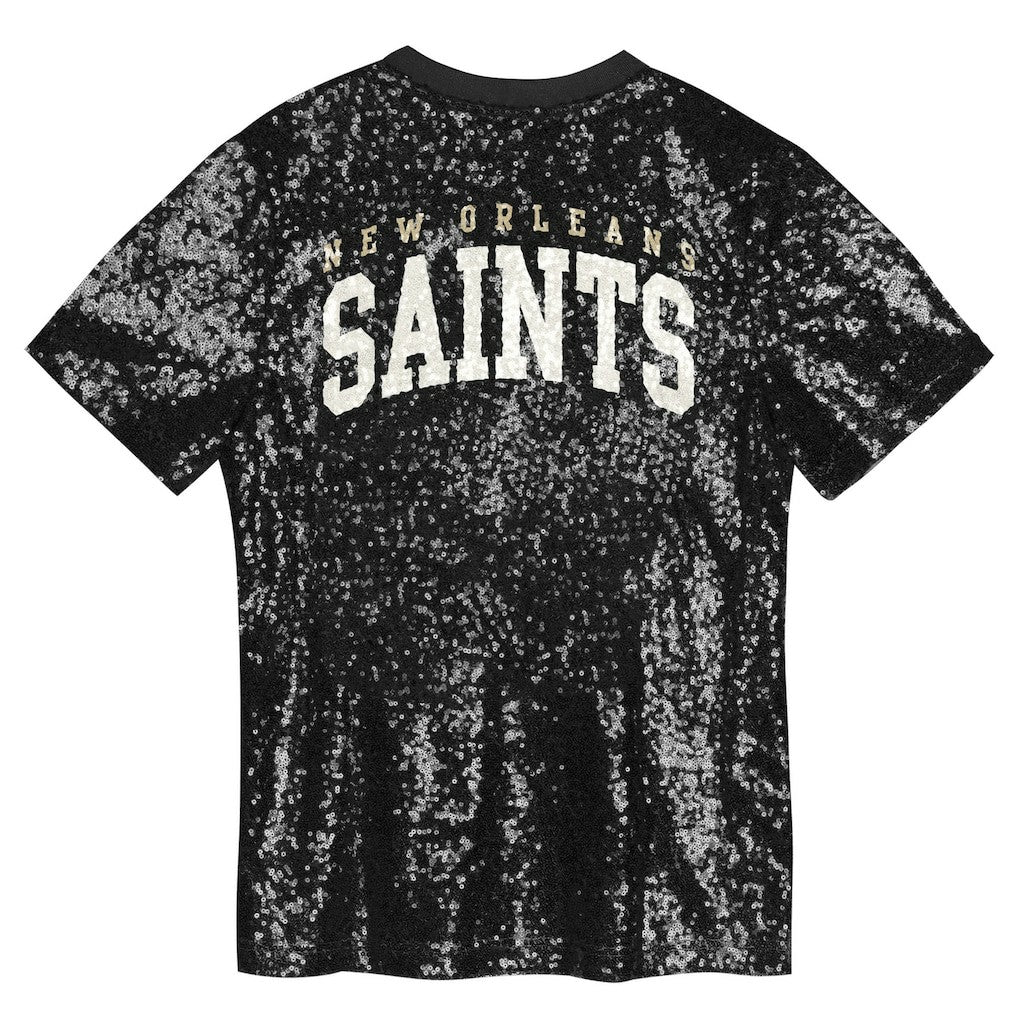 New Orleans Saints Girls Youth Wordmark Sequin V-Neck Top Black