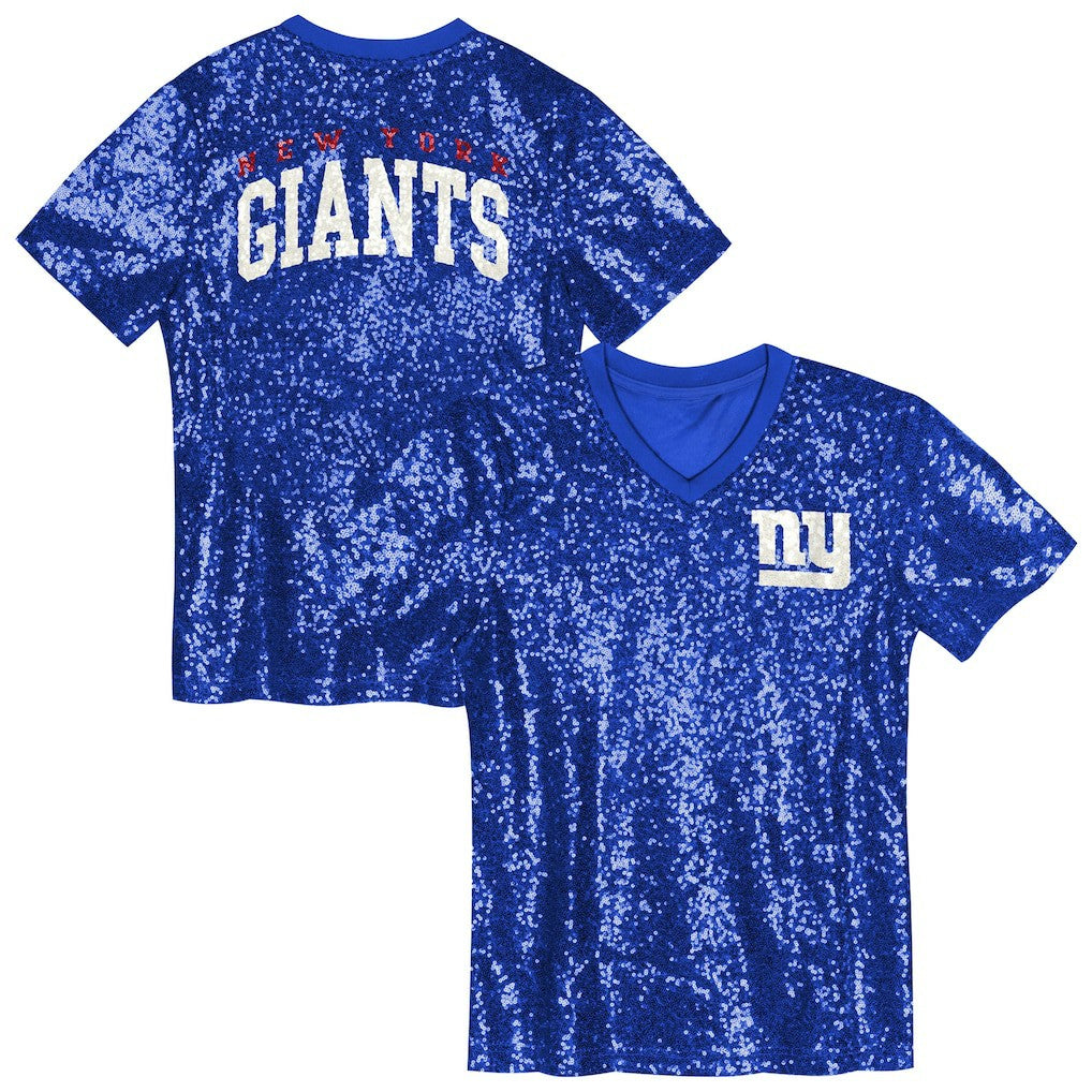 New York Giants Girls Youth Wordmark Sequin V-Neck Top Royal