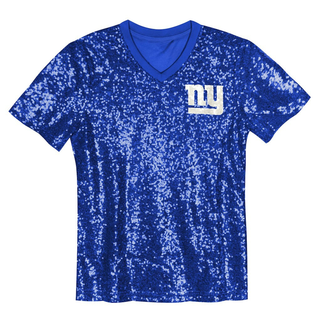 New York Giants Girls Youth Wordmark Sequin V-Neck Top Royal