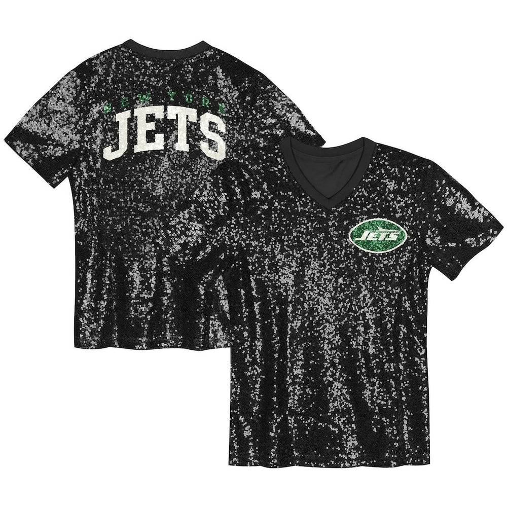 New York Jets Girls Youth Wordmark Sequin V-Neck Top Black