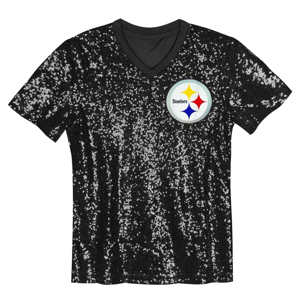Pittsburgh Steelers Girls Youth Wordmark Sequin V-Neck Top Black