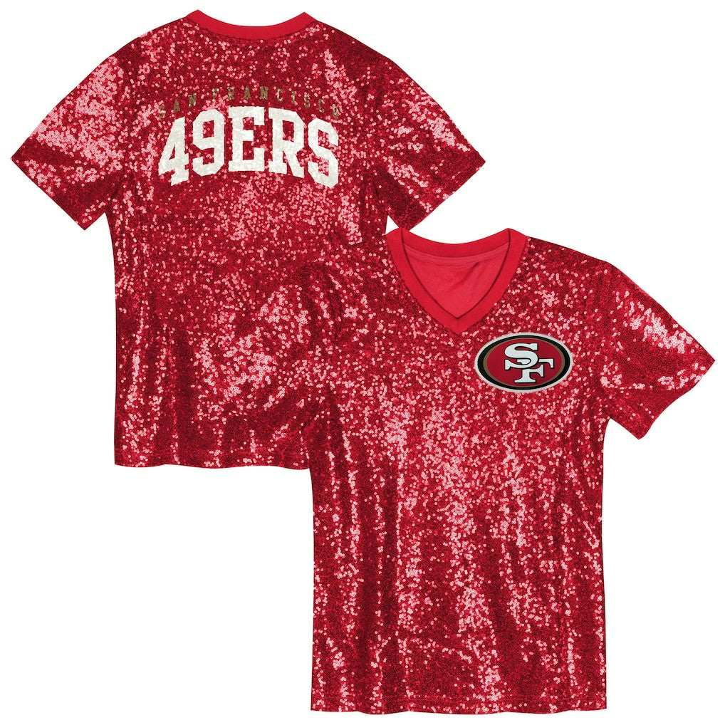 San Francisco 49ers Girls Youth Wordmark Sequin V-Neck Top Scarlet