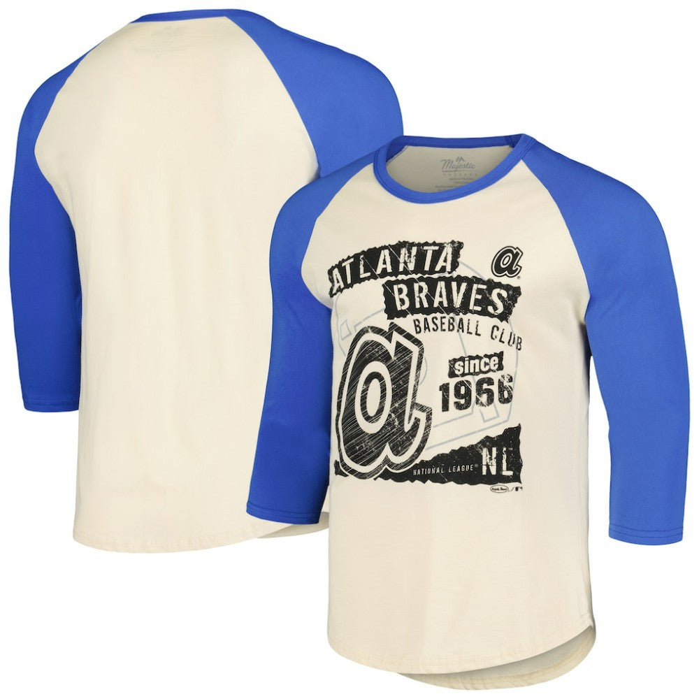 Atlanta Braves Majestic Threads Raglan 3/4-Sleeve T-Shirt - Cream/Royal - MLB Sale