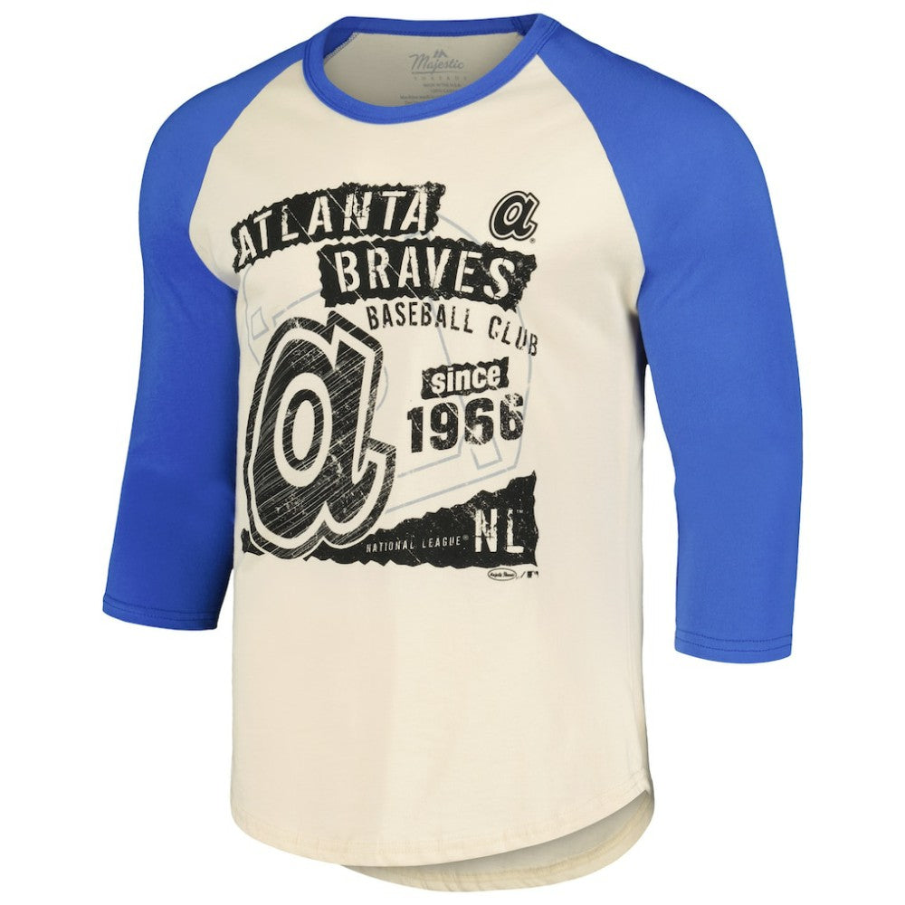 Atlanta Braves Majestic Threads Raglan 3/4-Sleeve T-Shirt - Cream/Royal - MLB Sale