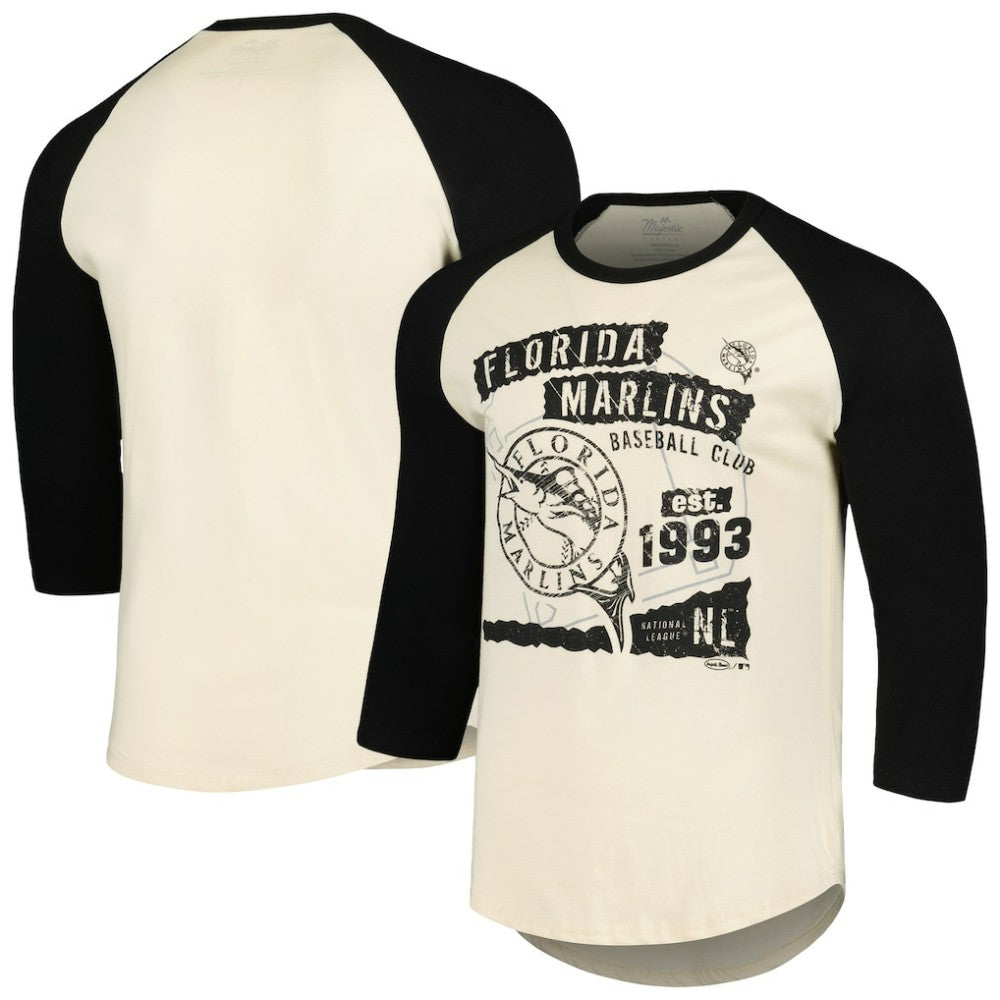 Miami Marlins Majestic Threads Raglan 3/4-Sleeve T-Shirt - Cream/Black - MLB Discount