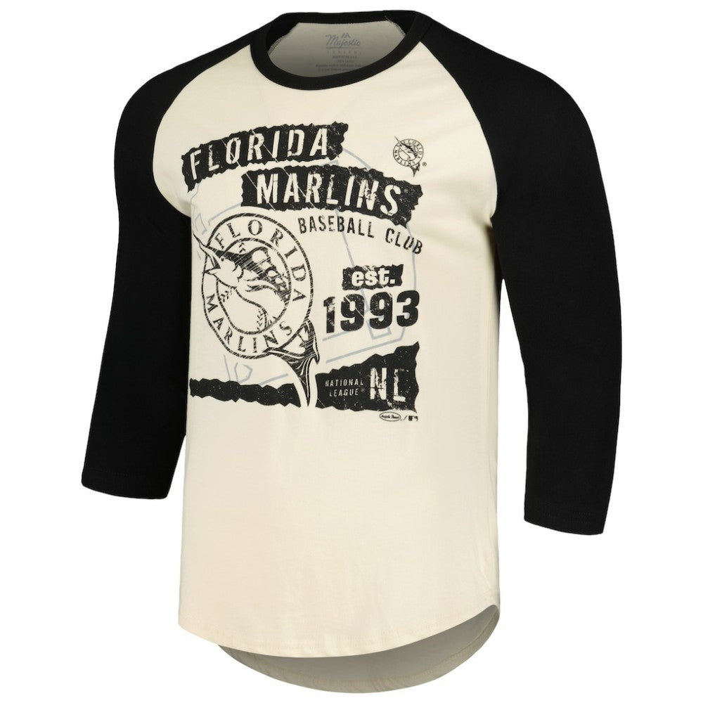 Miami Marlins Majestic Threads Raglan 3/4-Sleeve T-Shirt - Cream/Black - MLB Discount