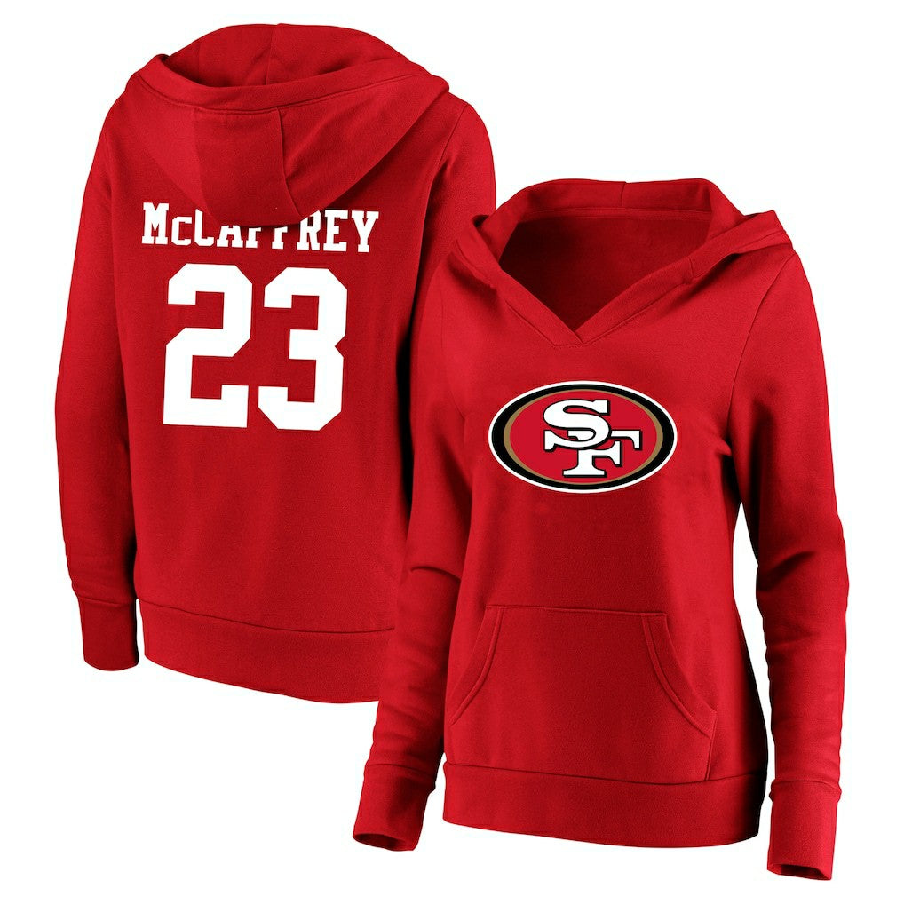 Fanatics Christian McCaffrey San Francisco 49ers Women's Plus Size Player Name & Number V-Neck Pullover Hoodie Scarlet