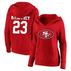 Fanatics Christian McCaffrey San Francisco 49ers Women's Plus Size Player Name & Number V-Neck Pullover Hoodie Scarlet