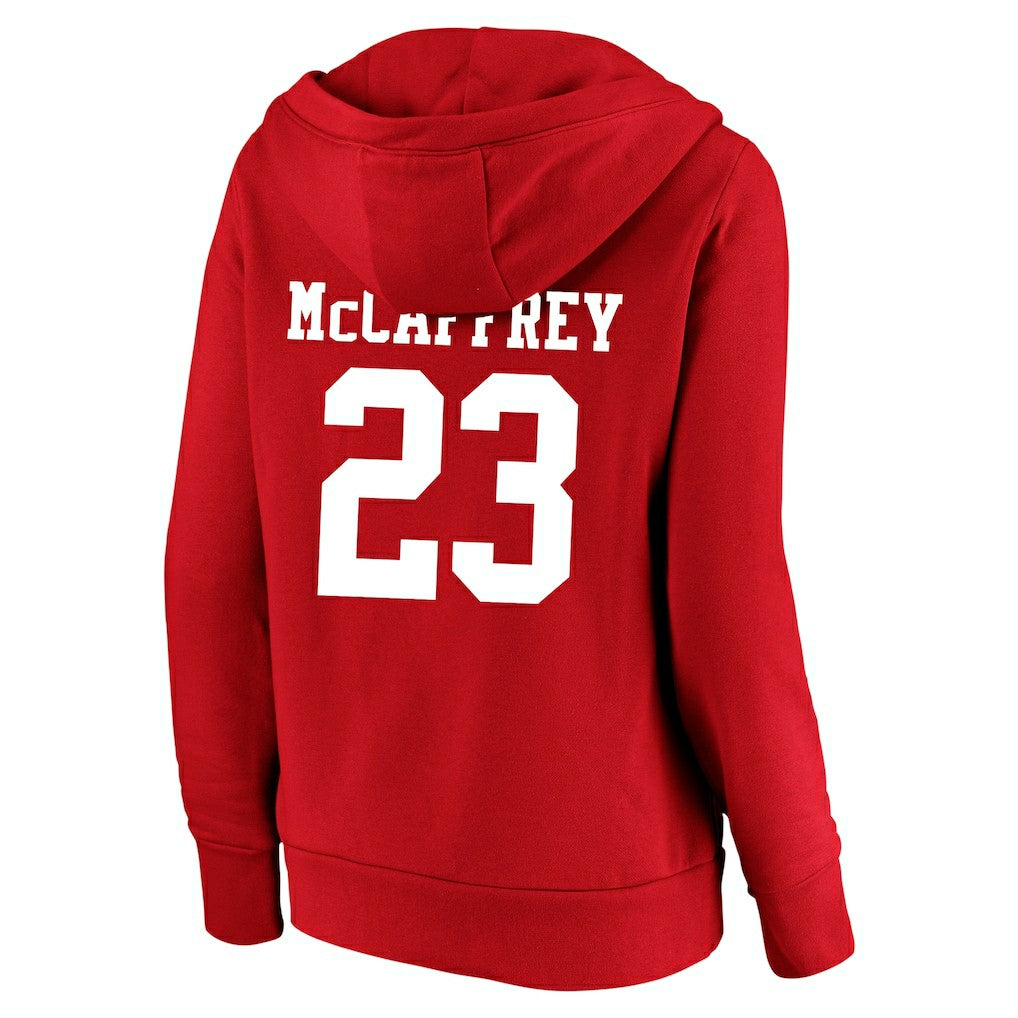 Fanatics Christian McCaffrey San Francisco 49ers Women's Plus Size Player Name & Number V-Neck Pullover Hoodie Scarlet