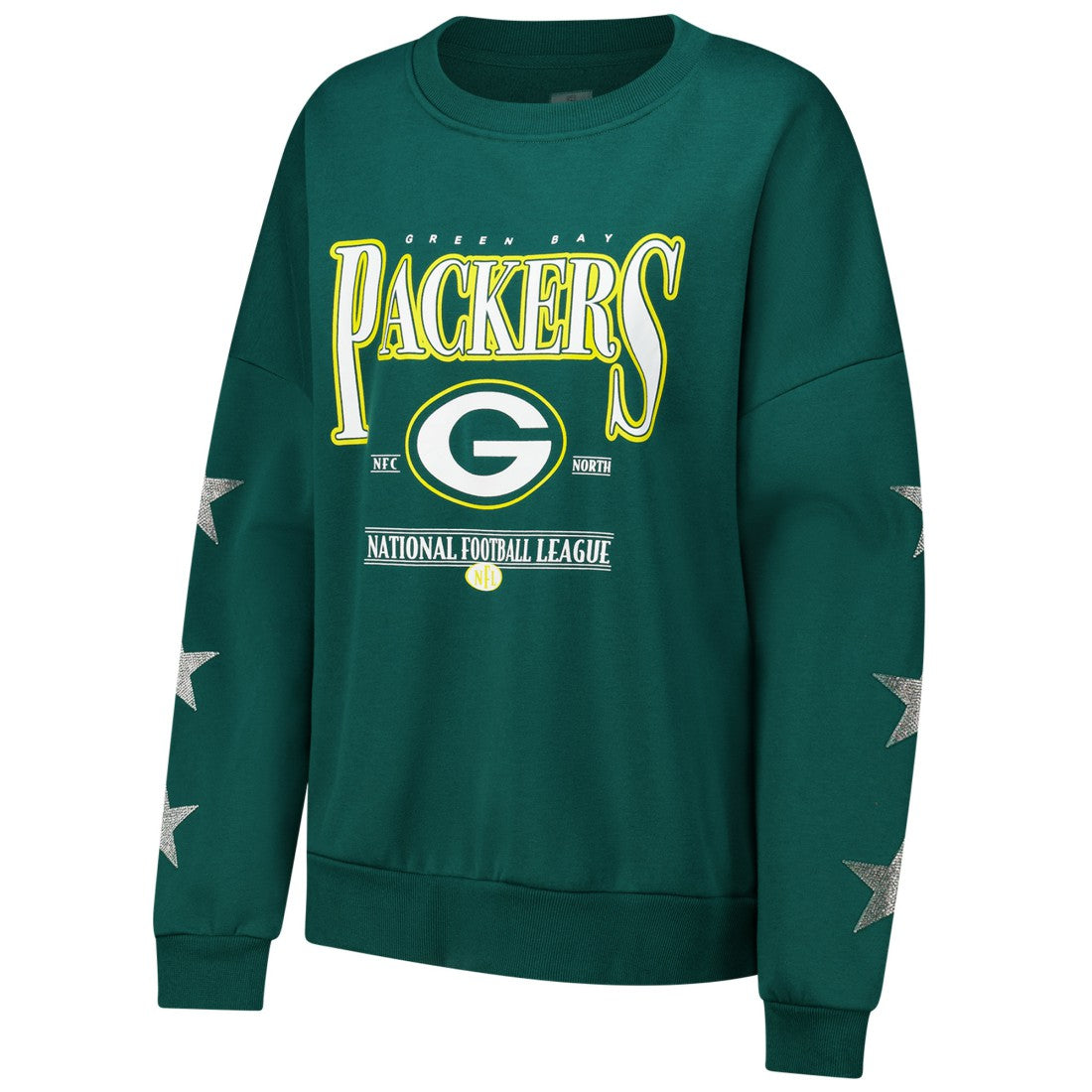 Green Bay Packers Gameday Couture Women's Rhinestone Star Sleeve Settle the Score Oversized Pullover Sweatshirt Green