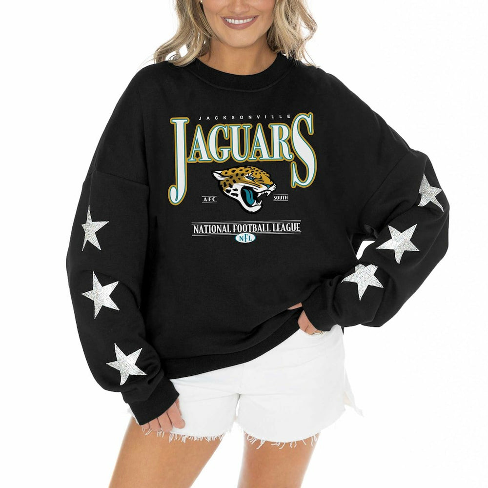 Jacksonville Jaguars Gameday Couture Women's Rhinestone Star Sleeve Settle the Score Oversized Pullover Sweatshirt Black