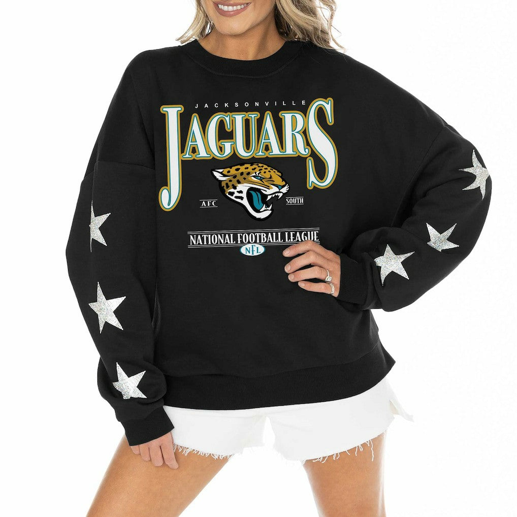 Jacksonville Jaguars Gameday Couture Women's Rhinestone Star Sleeve Settle the Score Oversized Pullover Sweatshirt Black