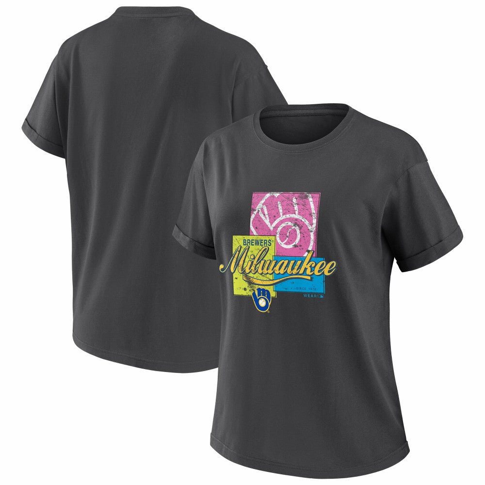 Milwaukee Brewers WEAR by Erin Andrews Women's Domestic Box Color Boyfriend T-Shirt - Charcoal - MLB Discount