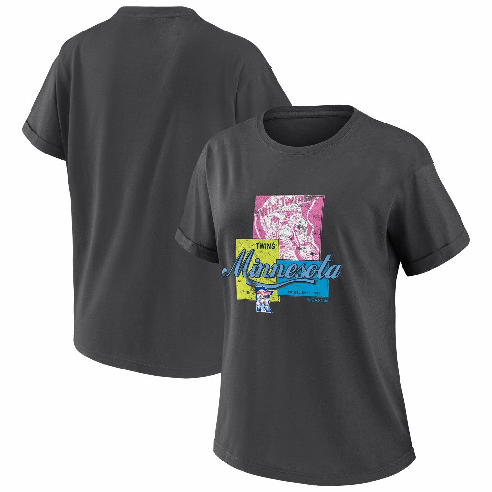 Minnesota Twins WEAR by Erin Andrews Women's Domestic Box Color Boyfriend T-Shirt - Charcoal - MLB Sale