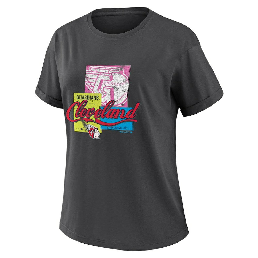 Cleveland Guardians WEAR by Erin Andrews Women's Domestic Box Color Boyfriend T-Shirt - Charcoal - MLB Lifestyle
