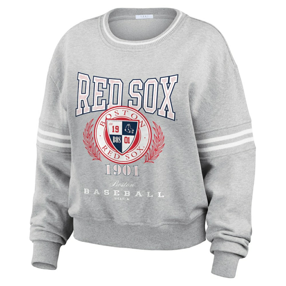 Boston Red Sox WEAR by Erin Andrews Women's Domestic Crest Pullover Sweatshirt - Heather Gray - MLB Sale