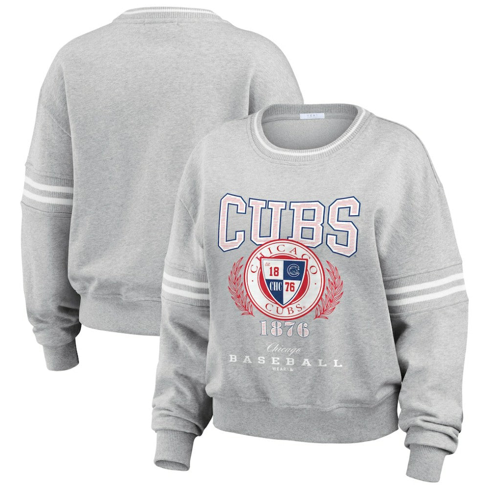 Chicago Cubs WEAR by Erin Andrews Women's Domestic Crest Pullover Sweatshirt - Heather Gray - MLB Sale