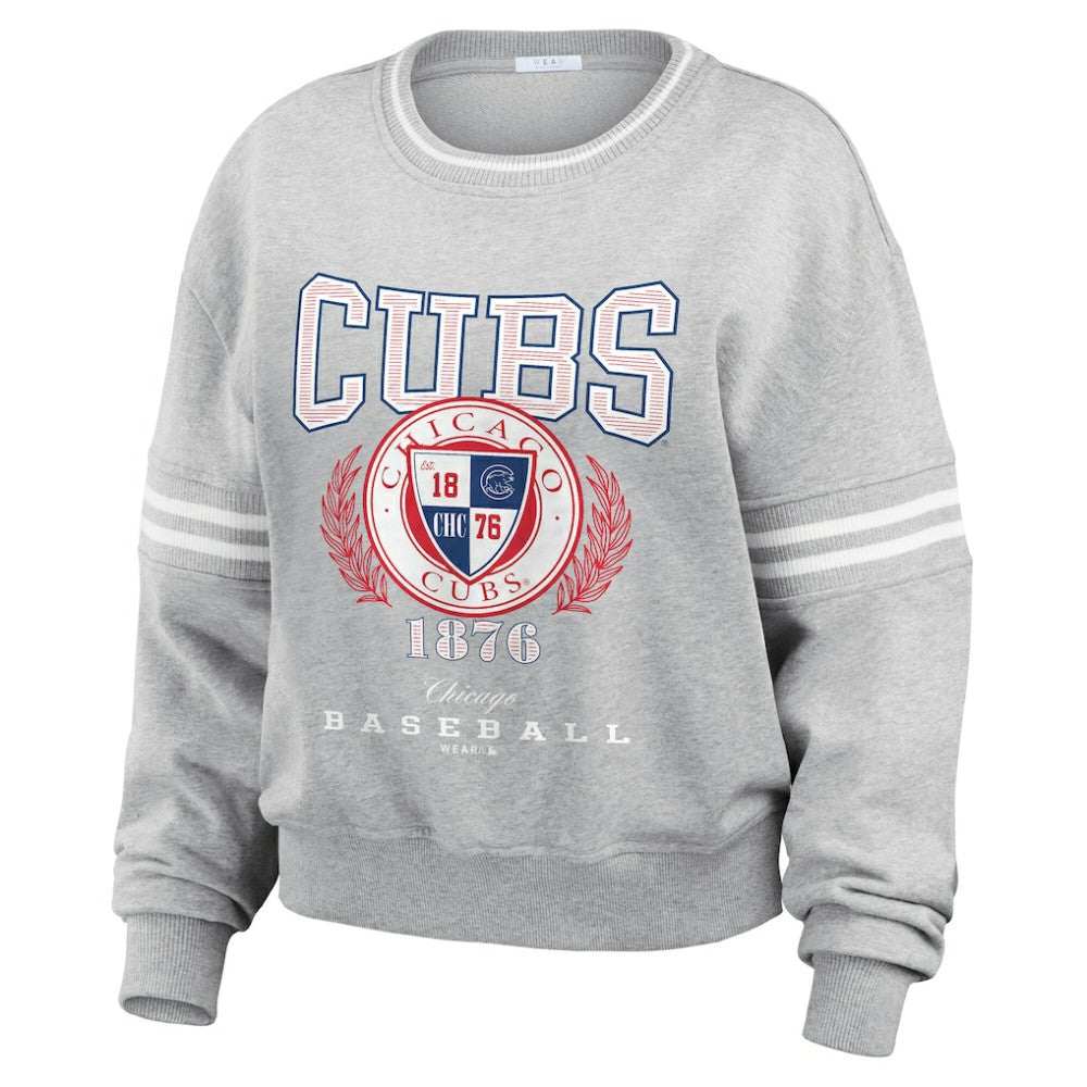 Chicago Cubs WEAR by Erin Andrews Women's Domestic Crest Pullover Sweatshirt - Heather Gray - MLB Sale