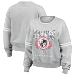 Atlanta Braves WEAR by Erin Andrews Women's Domestic Crest Pullover Sweatshirt - Heather Gray - MLB Lifestyle