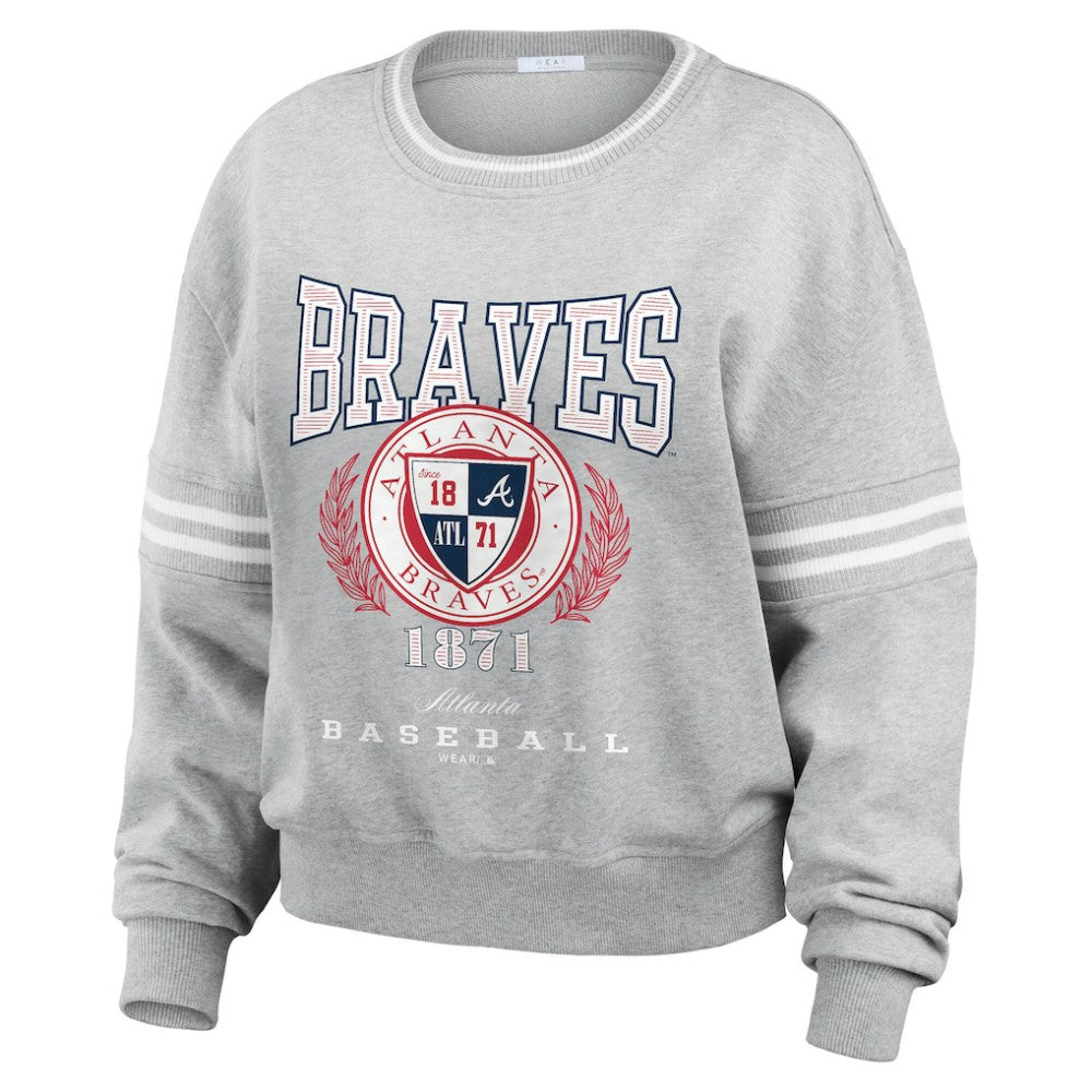 Atlanta Braves WEAR by Erin Andrews Women's Domestic Crest Pullover Sweatshirt - Heather Gray - MLB Lifestyle